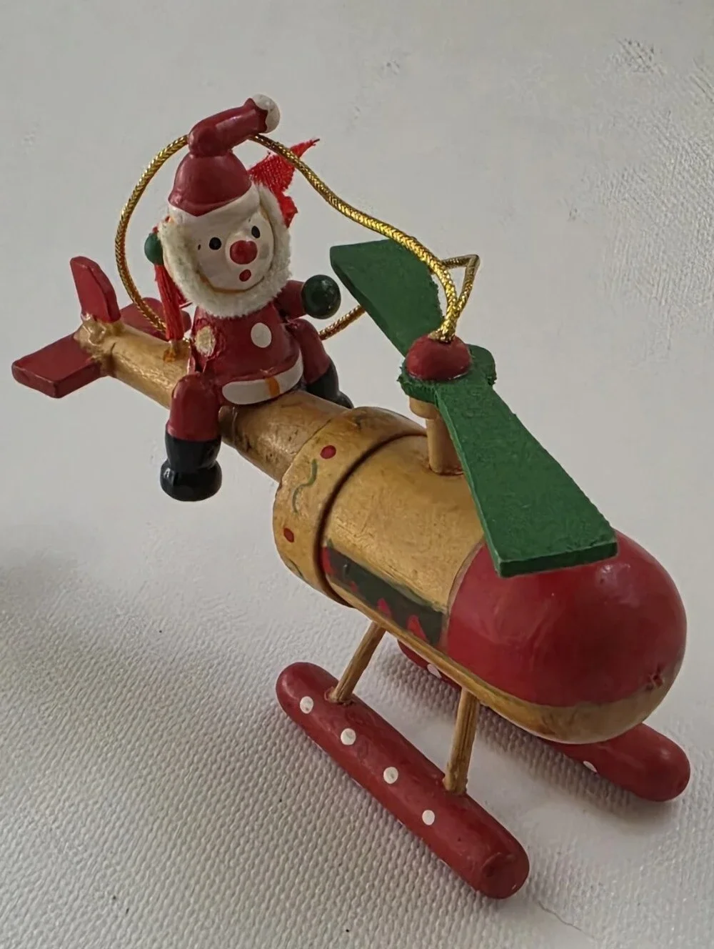 Santa Helicopter Wooden Christmas Ornament Whimsical Holiday Decor